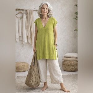 Eileen Fisher 100% Hemp Deep V-Neck Cap Sleeve Tunic Top Green Size Small